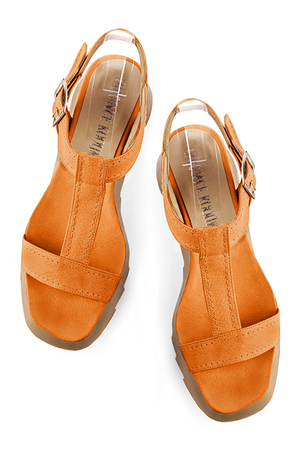 Apricot orange women's fully open sandals, with an instep strap. Square toe. Low rubber soles. Top view - Florence KOOIJMAN